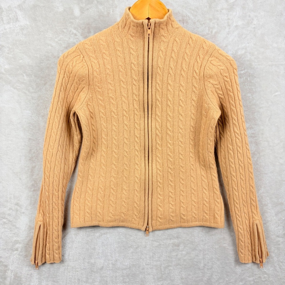 A. Giannetti Womens Cardigan Sz M Camel Cable Knit 100% 2 Ply Cashmere Full Zip